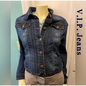V.I.P Jeans Blue Denim back cut Women’s jacket size L, EUC!!